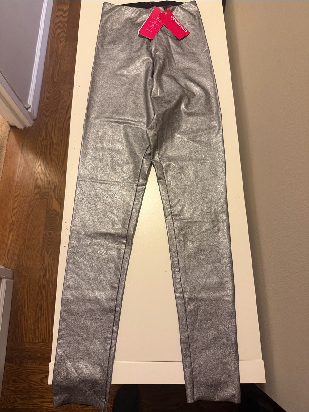 Commando Faux Leather Silver Metallic Leggings, Size Small